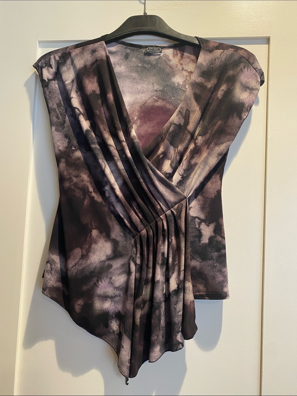Draped V-Neck Tie-Dye Blouse in Purple and Black